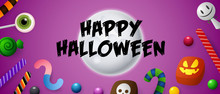 Happy Halloween Lettering On Moon With Sweets And Candies. Invitation Or Advertising Design. Typed Text, Calligraphy. For Leaflets, Brochures, Invitations, Posters Or Banners.