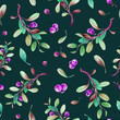 Seamless watercolor hand painted cowberry pattern with realistic berries and nature elements. Lingonberry on dark background. Perfect for prints, fabric design, wrapping and digital paper