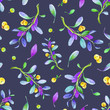 Seamless watercolor hand painted cowberry pattern with realistic berries and nature elements. Lingonberry on dark background. Perfect for prints, fabric design, wrapping and digital paper.