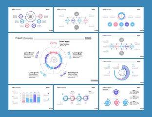 Management process, bar, flow and percentage charts. Business and finance concept. Infographic design set can be used for workflow layout, diagram, annual report, presentation, web design.