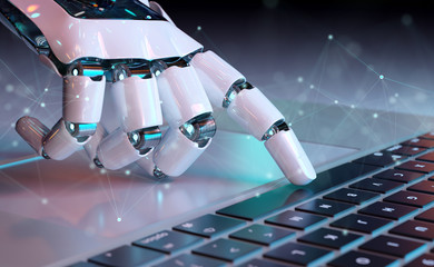 Fototapete - Robotic hand pressing a keyboard on a laptop 3D rendering