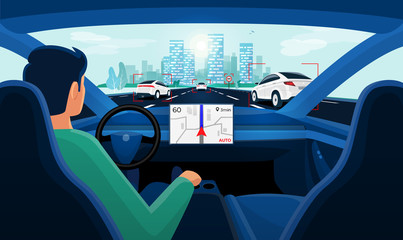 Wall Mural - Autonomous smart driverless electric car self-driving on road to city. Vehicle on autopilot and man driver without holding hands on steering wheel. Car interior dashboard display view. Vector concept.