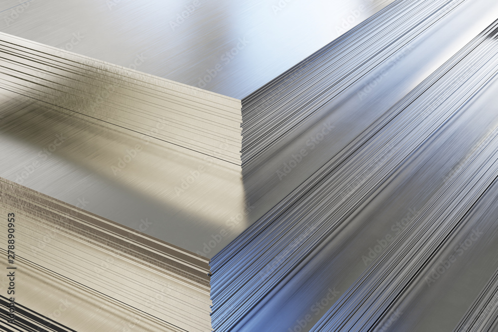 Steel or aluminum sheets in warehouse, rolled metal product. - obrazy, fototapety, plakaty 