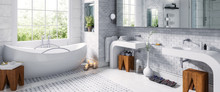 Panorama At An Old Bathroom After Renovation - 3d Visualization