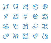 Bubbles Flat Line Icons Set. Soap Foam, Fizzy Drink, Oxygen Bubble Pictogram, Effervescent Effect Vector Illustrations, Outline Signs. Pixel Perfect 64x64. Editable Strokes