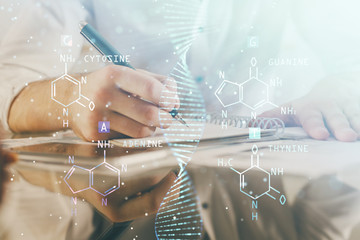 Poster - Man's hands working with notes background. Genetic engineering and gene manipulation concept.