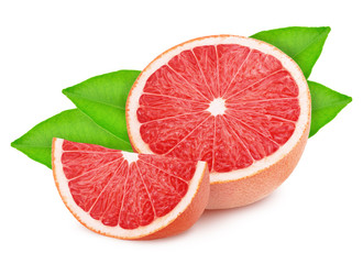Wall Mural - Half and slice of pink grapefruit with leaves isolated on white background.