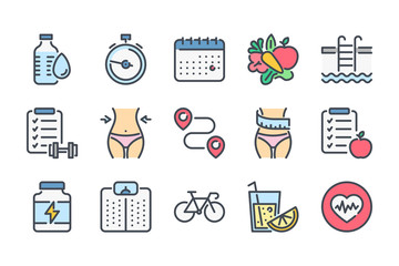 Poster - Fitness related color line icon set. Gym exercises colorful linear icons. Sport and training flat color outline vector sign collection.