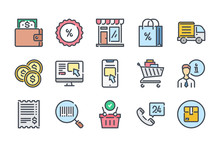 Ecommerce Related Color Line Icon Set. Web Store Colorful Linear Icons. Online Shopping Flat Color Outline Vector Sign Collection.