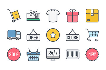 Poster - shopping and e-commerce related color line icon set. online store colorful linear icons. shop and st