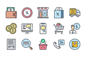 Fototapete - Ecommerce related color line icon set. Web store colorful linear icons. Online shopping flat color outline vector sign collection.