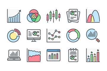 Fototapete - Chart and graph related color line icon set. Analytics colorful linear icons. Report and diagram flat color outline vector sign collection.