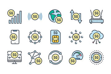 Poster - 5G network related color line icon set. High speed internet connection colorful linear icons. Generation of networks flat color outline vector sign collection.