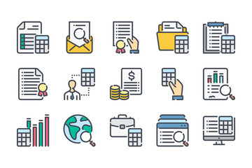 Poster - Accounting and auditing related color line icon set. Calculations colorful linear icons. Finance review flat color outline vector sign collection.