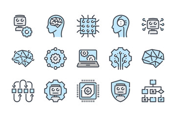  - Artificial Intelligence related color line icon set. Machine learning and robot machine colorful linear icons. Algorithm and AI flat color outline vector sign collection.