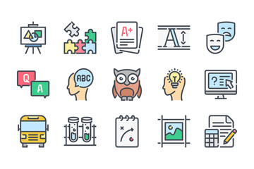 Poster - education related color line icon set. learning colorful linear icons. school and university flat co
