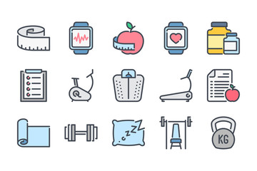 Poster - Fitness related color line icon set. Gym exercises colorful linear icons. Sport and training flat color outline vector sign collection.