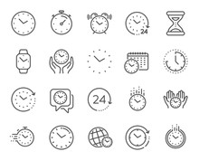 Time And Clock Line Icons. Timer, Alarm And Smartwatch. Time Management, 24 Hour Clock, Deadline Alarm Icons. Sand Hourglass, Calendar And Digital Smartwatch, Timer Stopwatch. Vector