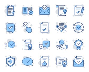 Poster - Approve line icons. Set of Checklist, Certificate and Award medal icons. Certified document, Accepted approve and Confirm mail. Guarantee, Check mark and Correct agreement. Checklist document. Vector