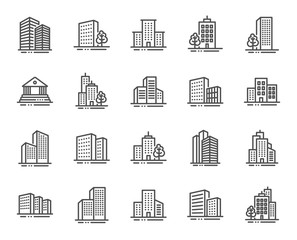 Wall Mural - Buildings line icons. Bank, Hotel, Courthouse. City, Real estate, Architecture buildings icons. Hospital, town house, museum. Urban architecture, city skyscraper, downtown. Vector