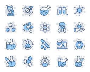 Wall Mural - Chemistry lab line icons. Chemical formula, Microscope and Medical analysis. Laboratory test flask, reaction tube, chemistry lab icons. Microscopic research, toxic radiation. Vector