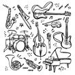 © mspoint - Hand drawn set of music instruments. Ink style vector illustration on white background.