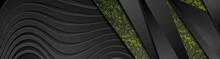 Black Technology Banner Header With Waves Texture And Green Dots Pattern. Papercut Composition. Abstract Futuristic Corporate Background. Vector Design