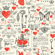 Vector Seamless Background On The Theme Of Declaration Of Love And Valentine Day In Retro Style. Abstract Background With Red Hearts, Butterflies, Keys, Keyholes, Cupids And Handwritten Inscriptions