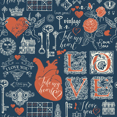 Poster - Abstract background with hearts, roses, keys, keyholes, cupids and handwritten inscriptions on dark backdrop. Vector seamless pattern on the theme of love and Valentine day in retro style