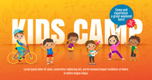 Kids Camp Concept With Children With Many Activities Cartoon Vector Illustration