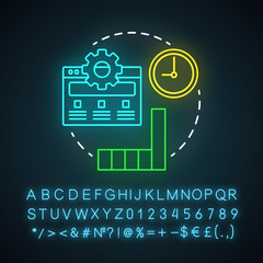 Last-touch attribution neon light icon. Marketing channel analysis. Attribution modeling type. Traffic and conversions. Glowing sign with alphabet, numbers and symbols. Vector isolated illustration