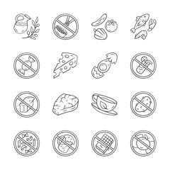 Poster - Keto diet linear icons set. Low carbs and high protein products. Thin line contour symbols. Alcohol, sugar free food. Fish, veggies, herbal drink isolated vector outline illustrations. Editable stroke