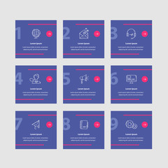 Wall Mural - purple business 9 web cards with text and icon. website and application cards design templates colle