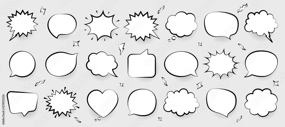 Comic speech bubbles vector. Thinking and speaking clouds. Retro bubbles shapes. Balloons with halftone shadow. Vintage pop art style design. Comic graphic elements. Cartoon badge. Vector balloons - obrazy, fototapety, plakaty 