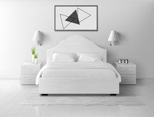 Bedroom White Interior, Modern Home Or Hotel Empty Apartment With Double King Size Bed, Nightstands, Lamp And Alarm Clock, Luxury Bedchamber Indoor Design. Realistic 3d Vector Illustration
