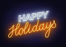 Happy Holidays Neon Sign. Greeting Card On Dark Background. Vector Illustration.