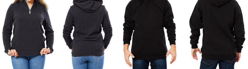 Wall Mural - A girl in a black sweatshirt with a hood and a man in a sweatshirt front and back isolated, hoodie mockup empty