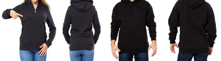 Sticker - female and male hoodie mock up isolated - hood set front and back view, girl and man in empty black pullover