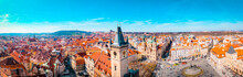Aerial Panoramic View Of Old Town Of Prague, Czech Republic, Tyn Church, Clock Tower, Square  - Image