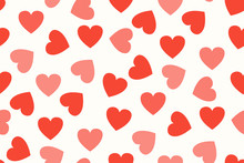 Red Hearts On White Background. A Seamless Pattern For Fabrics, Postcards, Prints. Vector Wallpaper.  Valentine's Day, Wedding, Sweet Love Concept