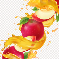 Wall Mural - Apple fresh juice realistic illustration Vitamin sweet liquid flowing in motion and red apple slices