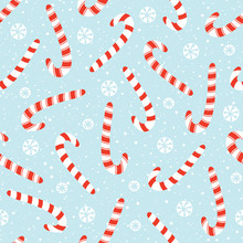Colorful Hand Drawn Holiday Christmas And New Year Candy Canes And White Snowflakes Vector Seamless Pattern