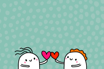 Leinwandbilder - Love you hand drawn vector illustration in cartoon style with happy couple, textured background, vibrant colors, valentine's day card