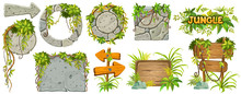 Set Cartoon Game Wooden And Stone Boards In Jungle Style With Space For Text. Isolated Gui Panels With Tropical Lianas And Rocks. Vector Illustration On White Background. 