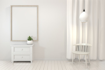 Mock up poster frame and cabinet and decoration plants on white room minimal design.3D rendering