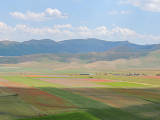  Landscape of the Plains of Castelluccio that are a karstic and alluvial plateau of the Umbro-Marchigiano Apennines (Italy). Castelluccio di Norcia is famous for the cultivation of lentils.