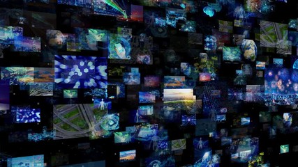 Poster - A lot of screens in cyberspace. Social media. Broadcasting. Streaming video.