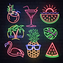 Set Of Summer Neon Sings. Neon Isolated Icons. Flamingo, Pineapple, Cocktail, Tropic Leaves, Palms. Vintage Electric Signboard