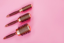 Set Brush Hairbrush On A Pink Background With Copy Space 