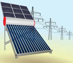 Solar pipes heater with solar panels. vector illustration